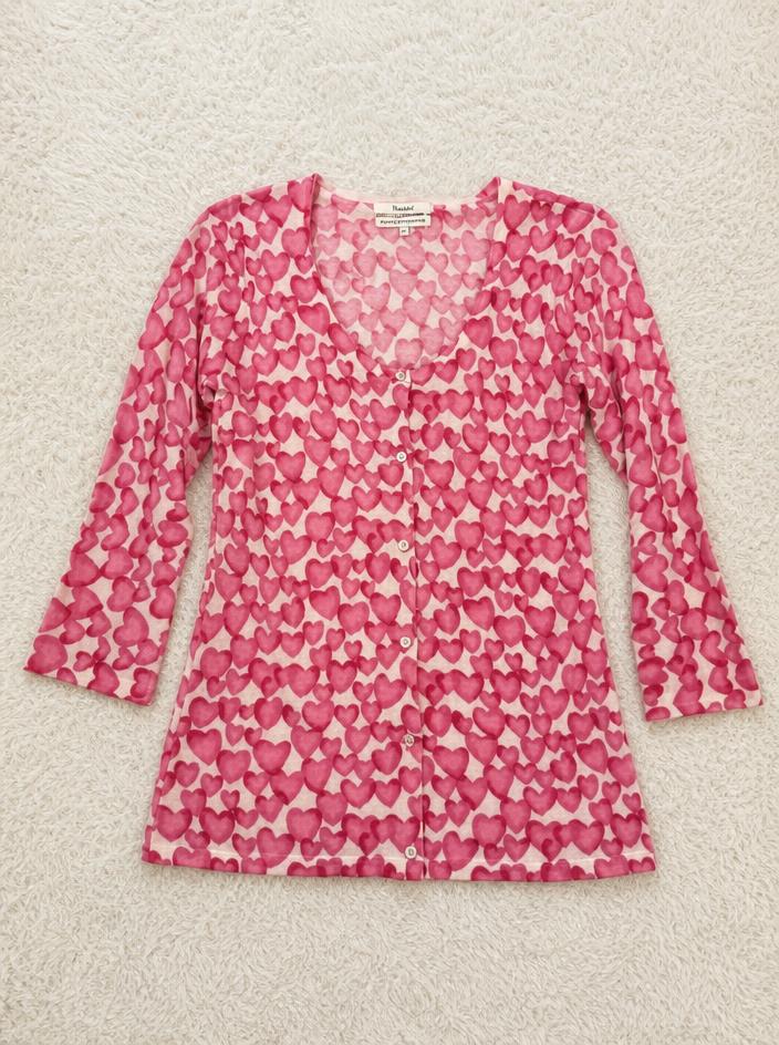 Pink Heart Print Button-Front Long Sleeve Top
