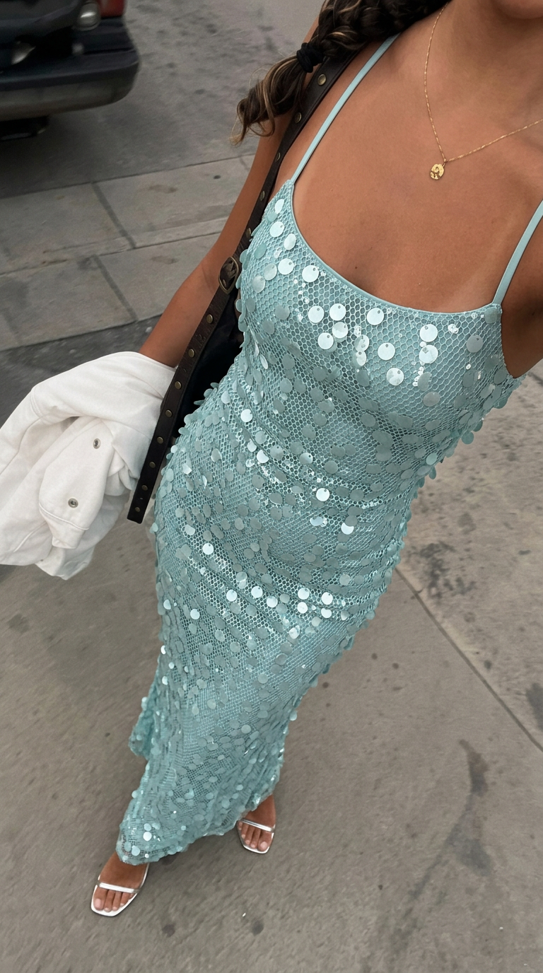 Mint Green Sequin Slip Dress – Sparkly Midi Party Dress