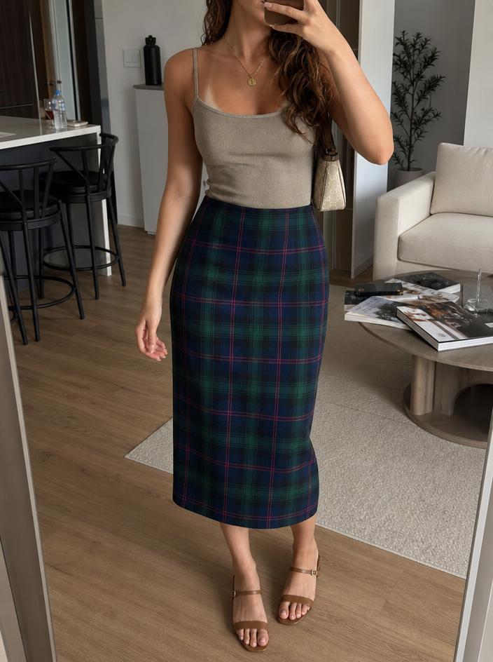 Tartan Midi Pencil Skirt Navy Green Plaid Very Good