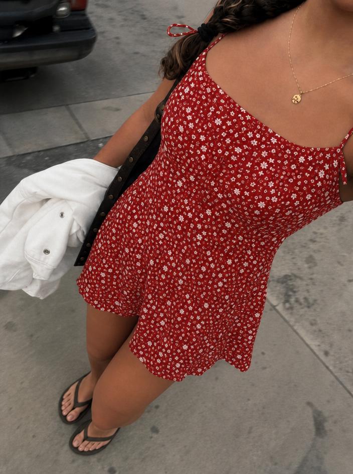 Red Floral Mini Dress with Tie Details – Casual A-Line