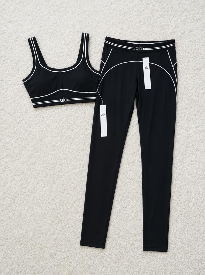 alo Black Contrast Piping Sports Bra & Leggings Set New