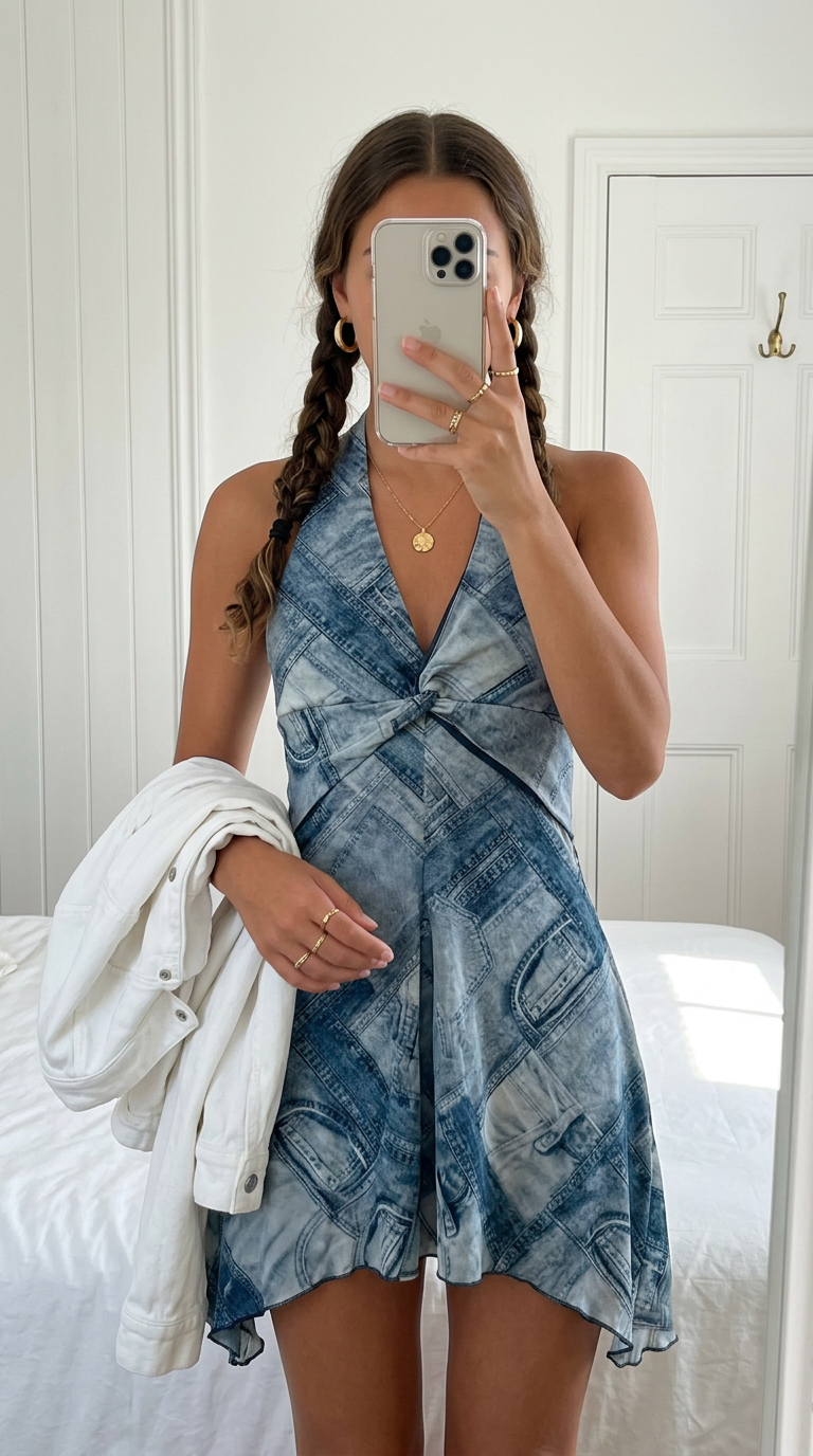 Blue Faux Denim Print Halter Wide-Leg Jumpsuit