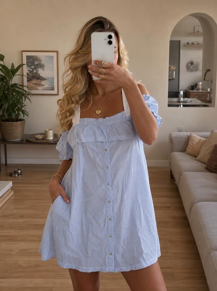 Blue & white striped button-front playsuit with ruffle detail