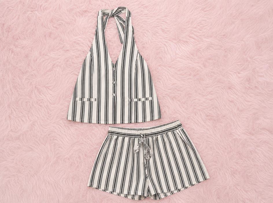 Striped sleeveless top and tie-waist shorts set – very good