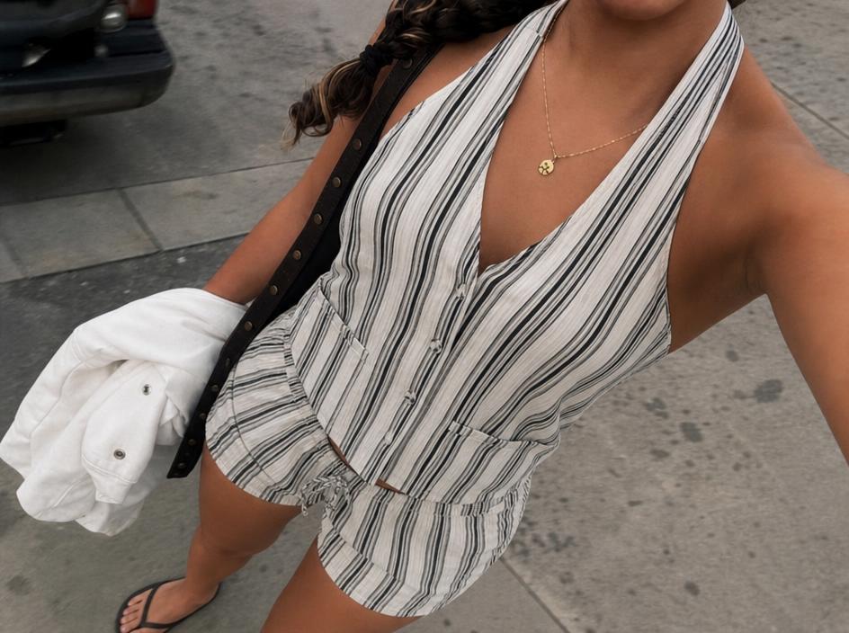 Striped co-ord set with waistcoat top and drawstring shorts