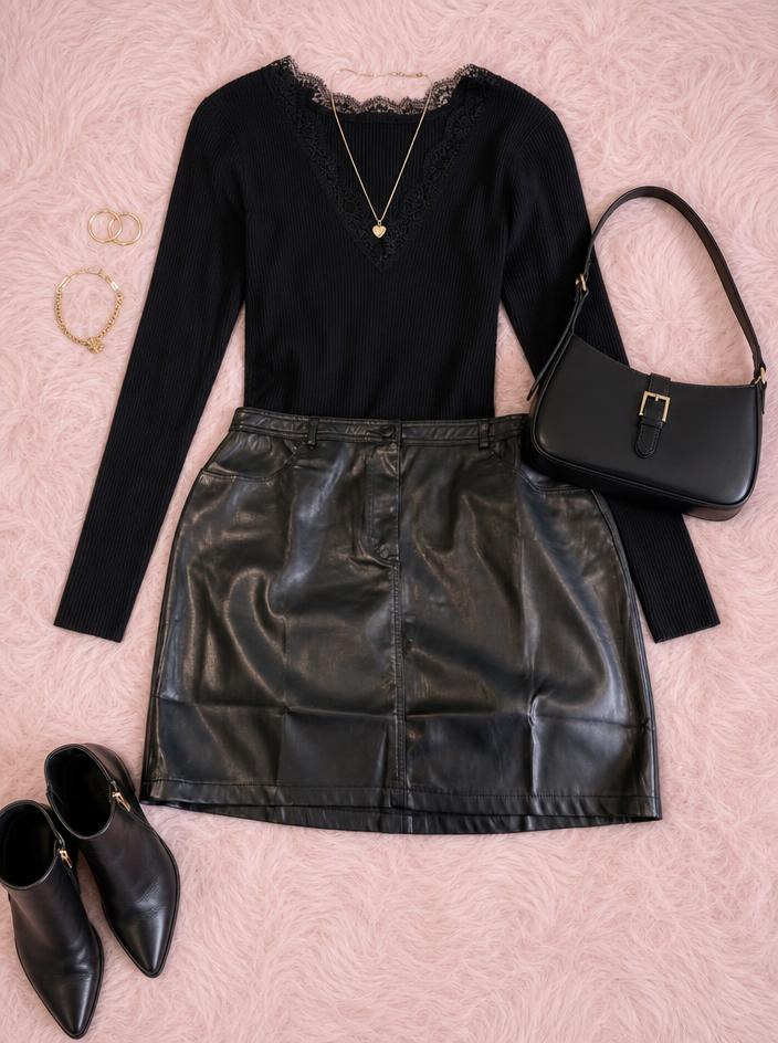 Black Faux Leather Mini Skirt with Pockets