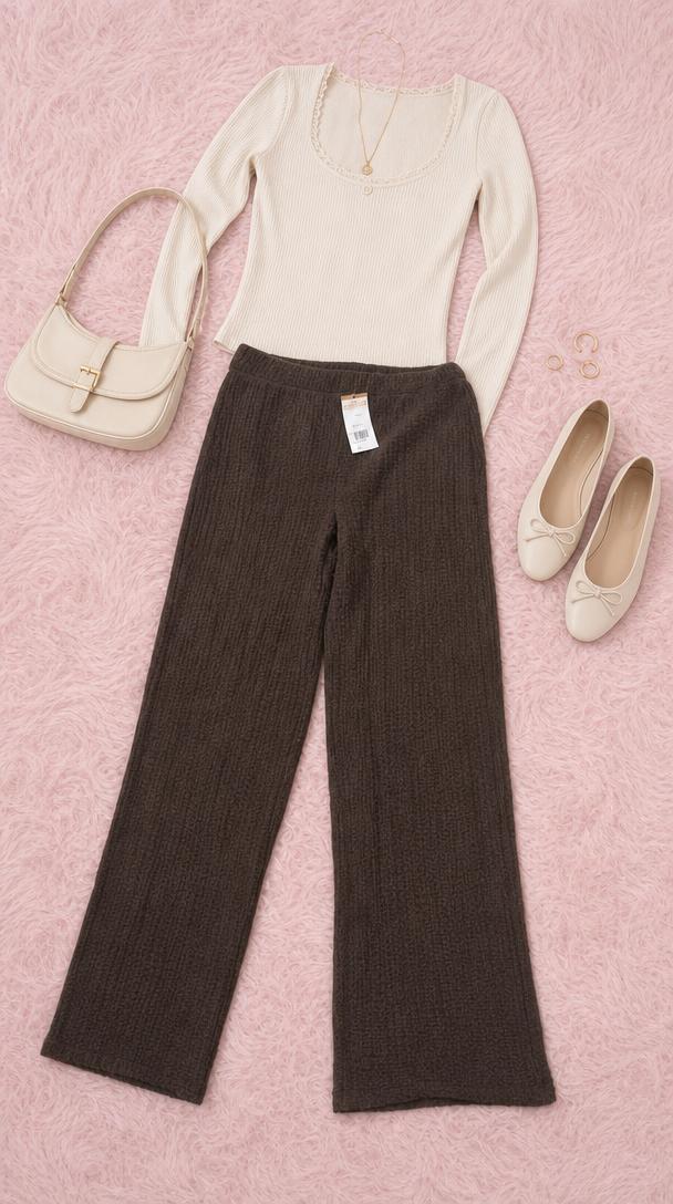 Brown Ribbed Knit Wide-Leg Trousers with Tags