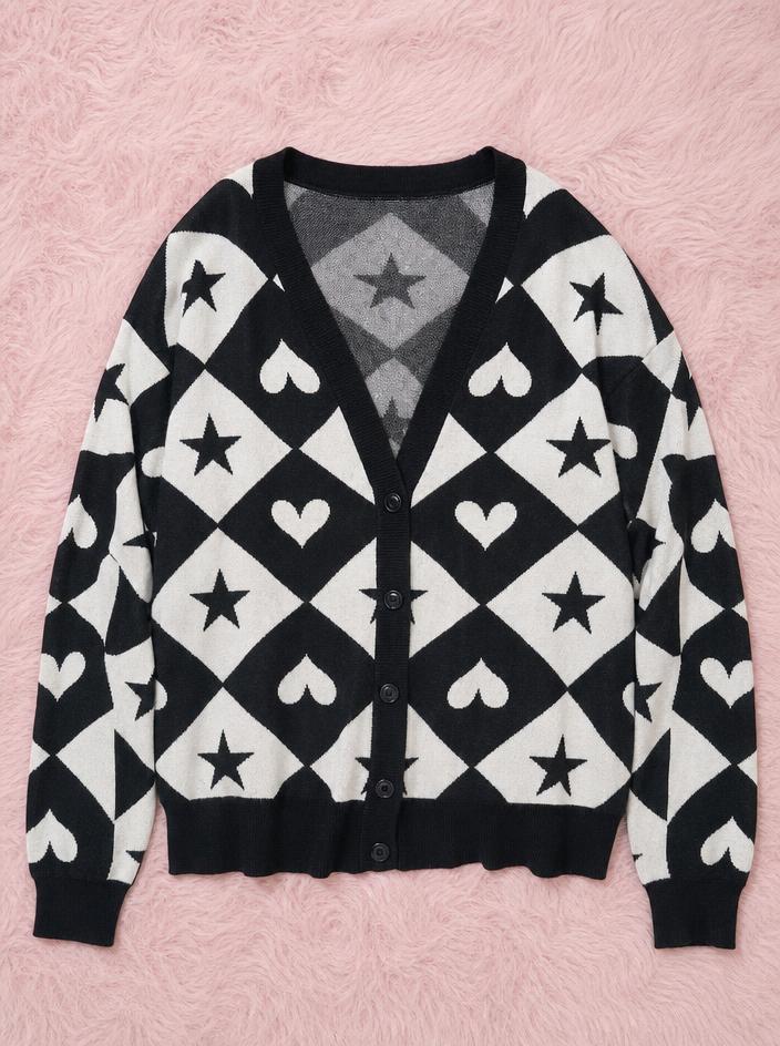 Black & Cream Heart Star Pattern Button Cardigan