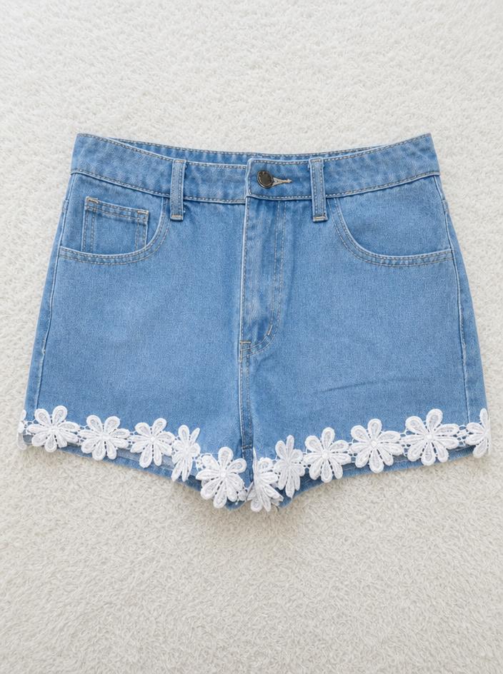 Light Blue Denim Shorts with White Floral Lace Hem