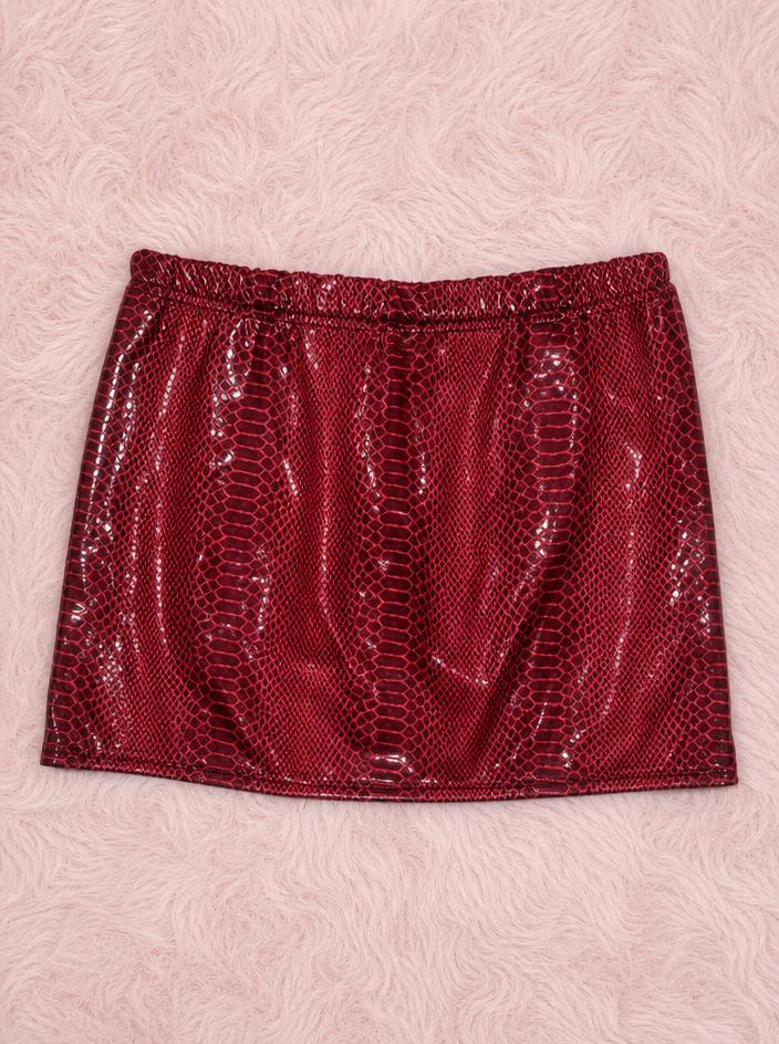 Burgundy Snakeskin-Effect Mini Skirt Glossy Statement Print