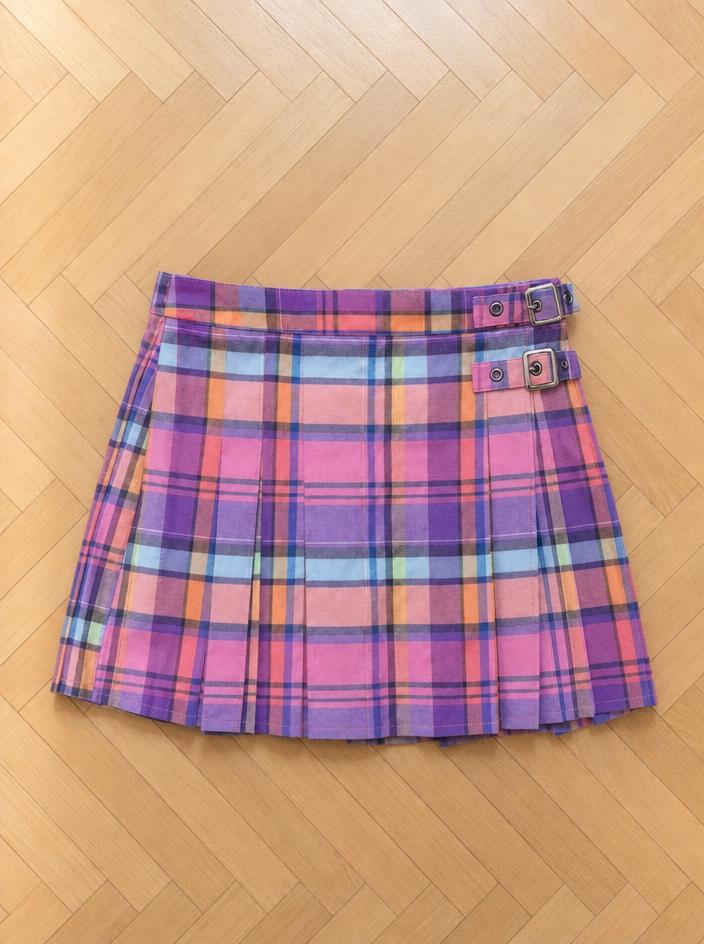 Colourful Plaid Mini Skirt with Double Buckle Detail