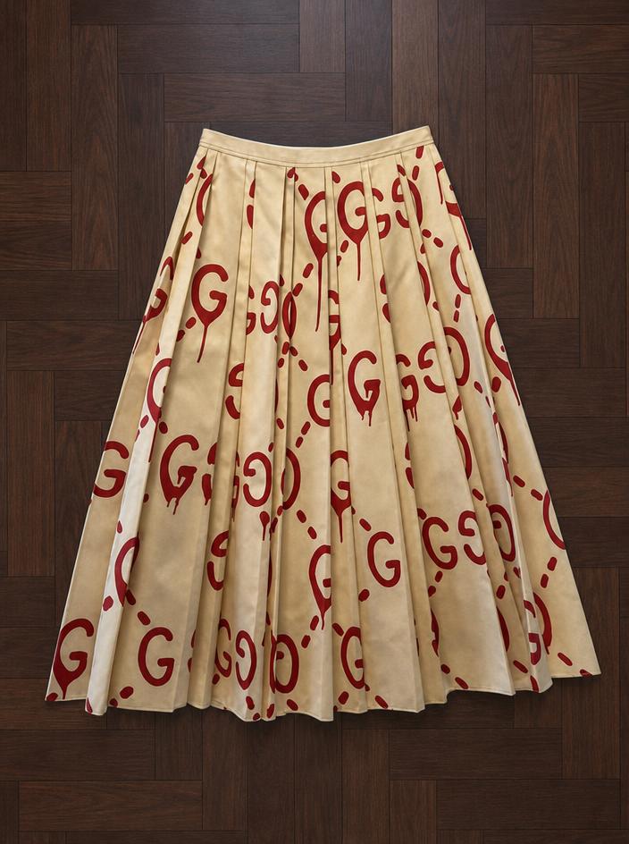 Cream Pleated Midi Skirt with Red Graffiti Print