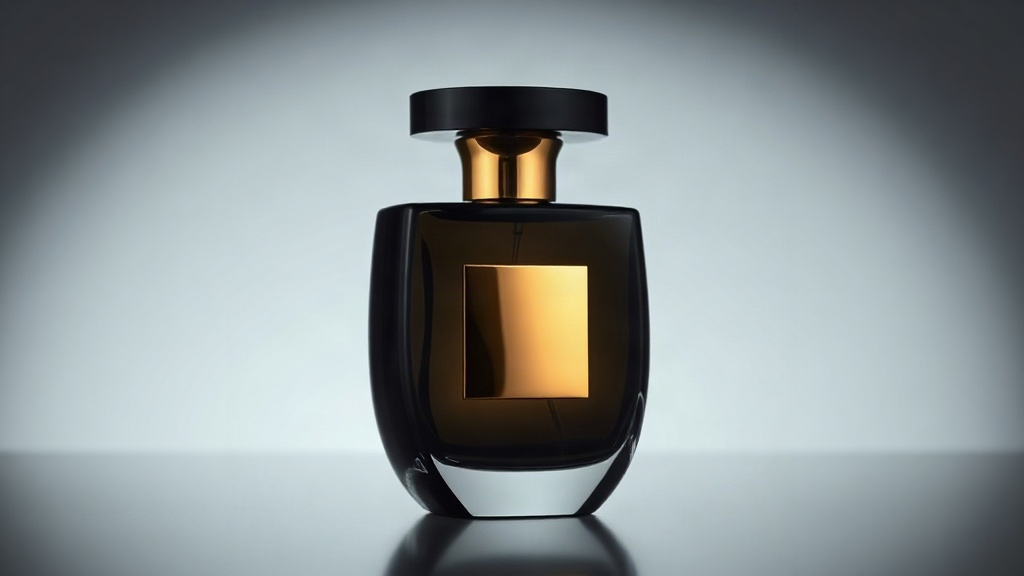 Close-up studio photo of a modern minimalist perfume bottle with dark glass and gold accents, dramatic side lighting, lu