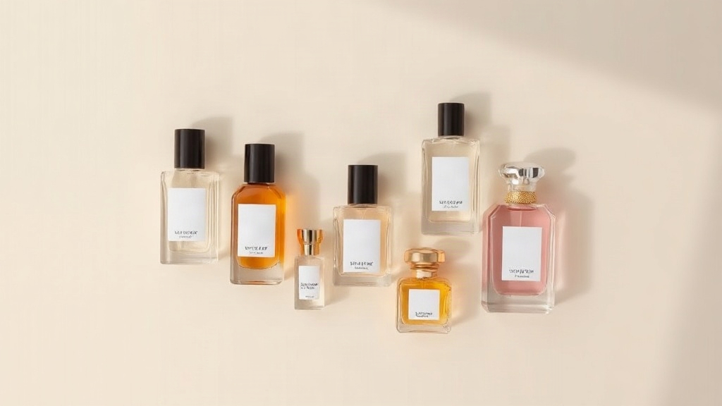 Flat lay of several perfume bottles of different sizes arranged on a light beige background with soft shadows, minimal p