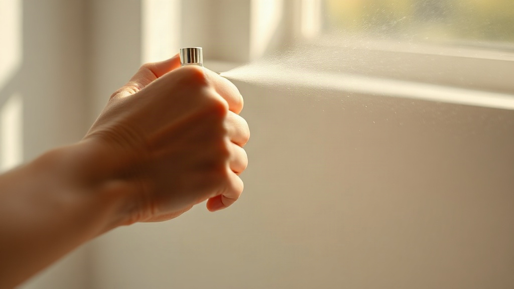 Person's wrist with a spray perfume bottle, natural daylight, soft focus lifestyle photography, no text