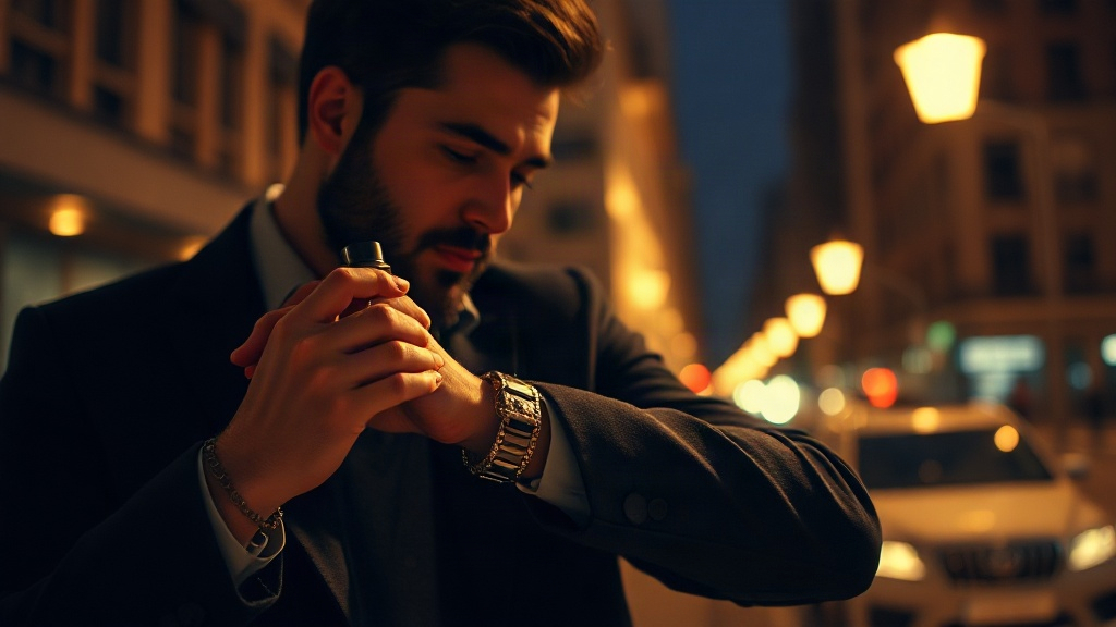 A stylish man in a dark evening outfit applying perfume to his wrist before going out at night, warm cinematic lighting,