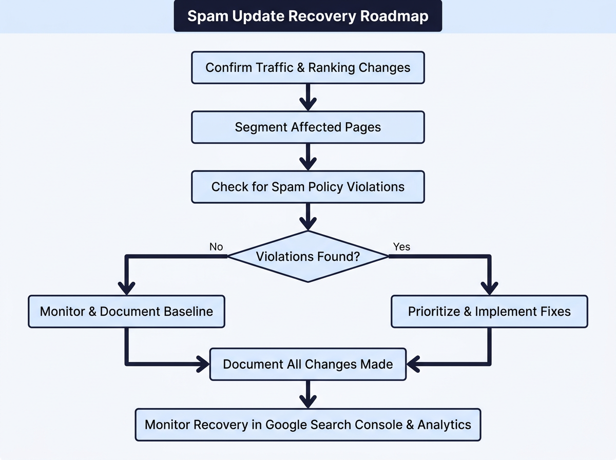 Flowchart showing step-by-step Google spam update recovery plan for marketers