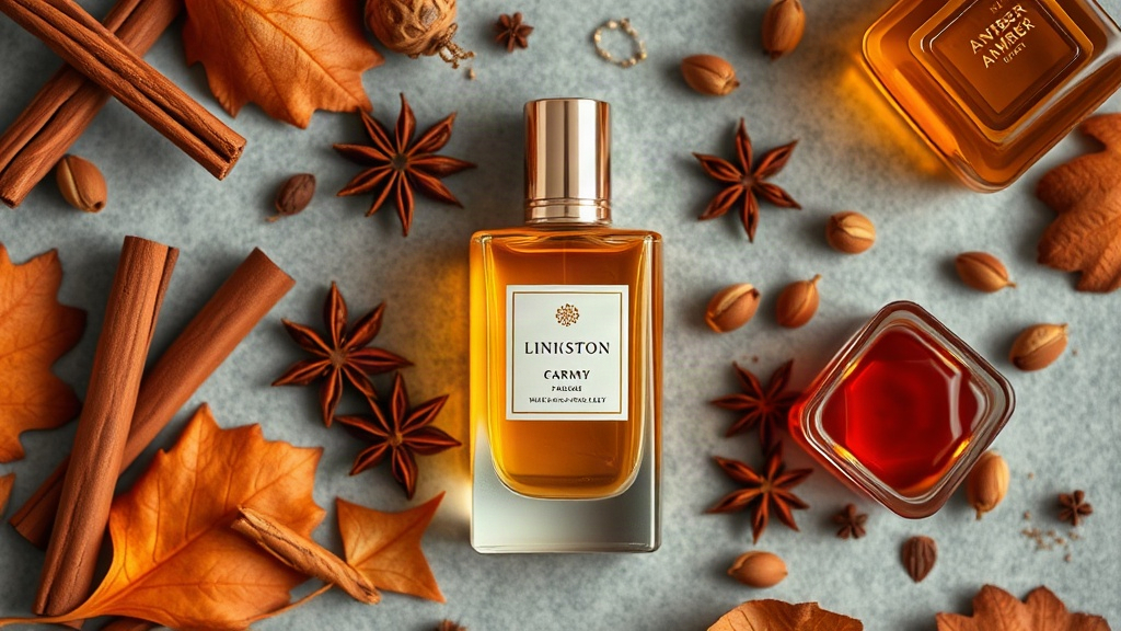 An elegant flat lay of a perfume bottle surrounded by spices like cinnamon sticks, star anise, cardamom pods and amber r