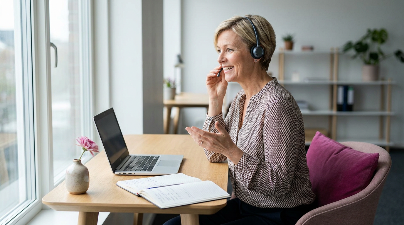 Ondernemer met headset neemt vriendelijk een inkomend telefoongesprek aan volgens een vast telefoonscript