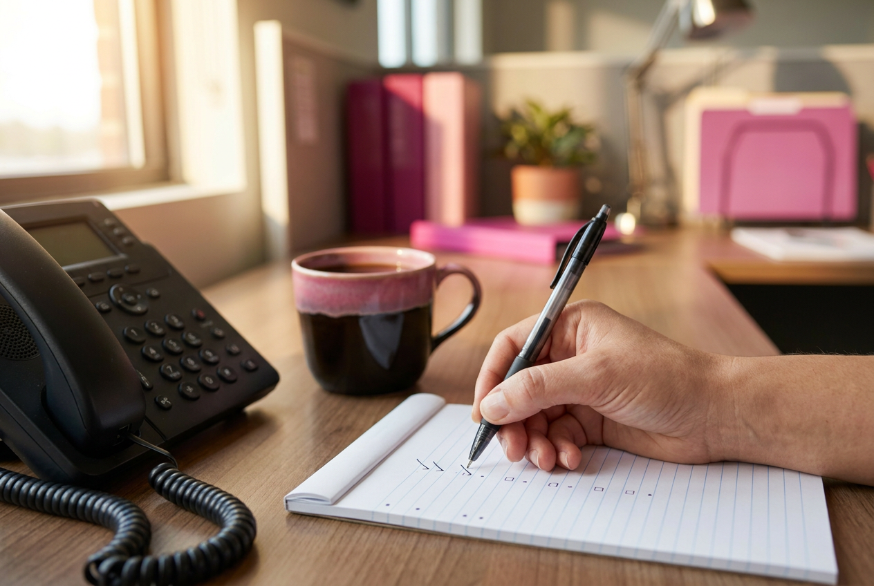 Hand schrijft een korte, gestructureerde checklist op een notitieblok naast een telefoon als basis voor een telefoonscript