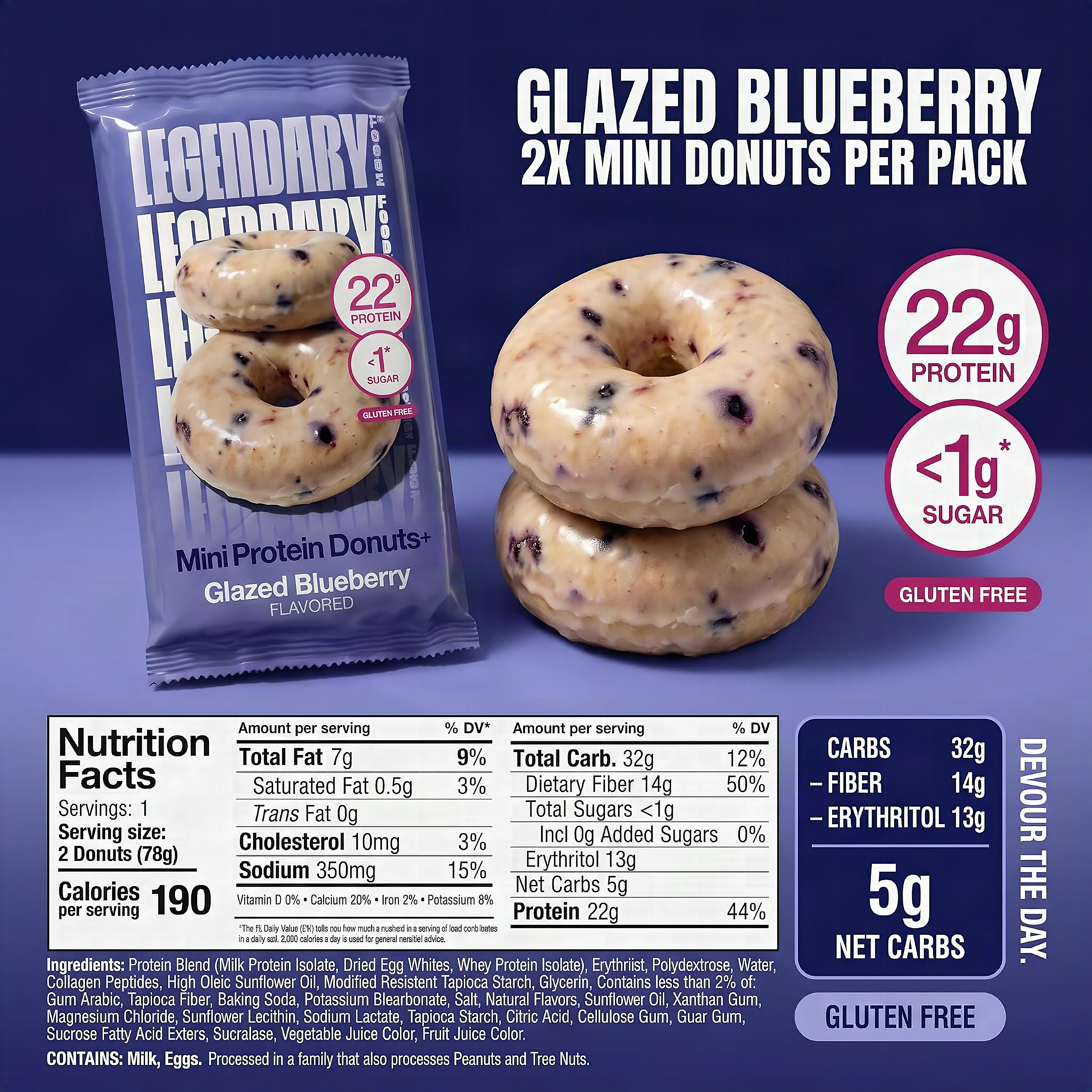 Macro close-up of a blueberry high-protein donut showing golden cake texture and blueberry pieces
