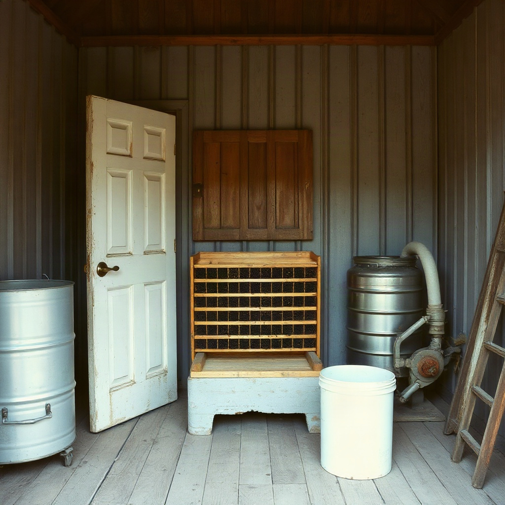 The milk house with the door propped open by a cement block, the drip rack along the wall, the extractor lag-bolted to the plank floor.