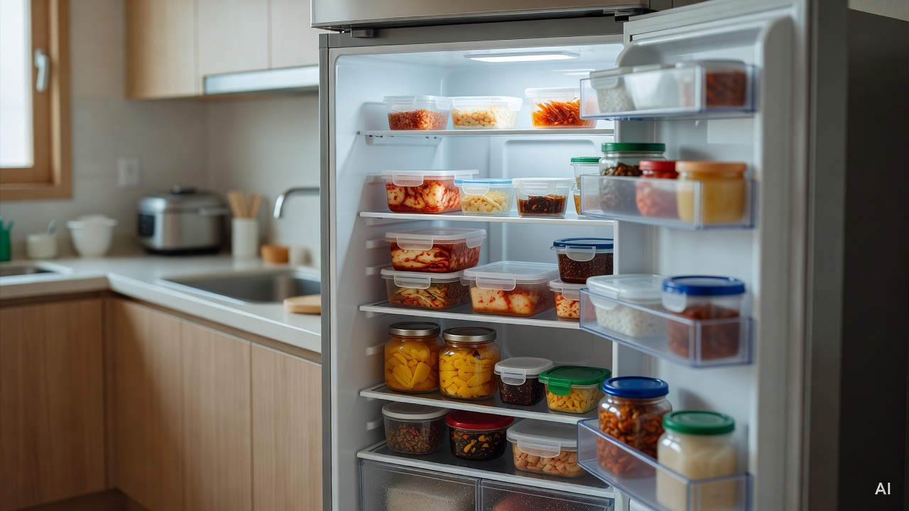 open refrigerator with visible shelves and food containers inside, kitchen background