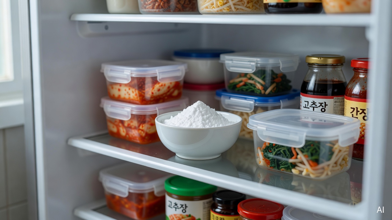 small white bowl with baking soda placed on a refrigerator shelf, surrounded by food containers