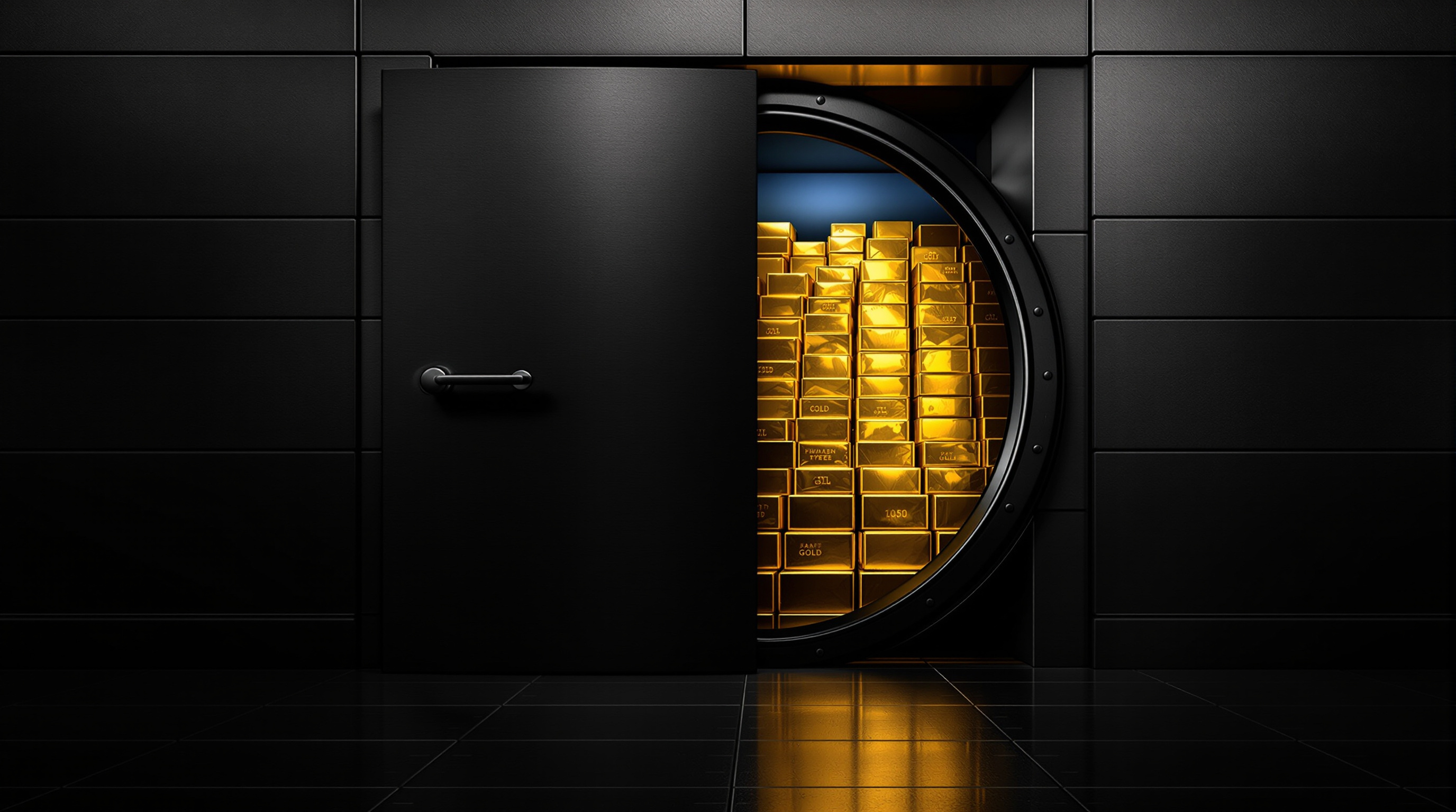 half-open monumental matte‑black vault door with an inner chamber of burnished gold rectangular ingots (stylized bonds) and a suspended brushed silver — editorial cover artwork for the Knightron story on Bessent Eyes $950bn Treasury General Account To Fund Expande