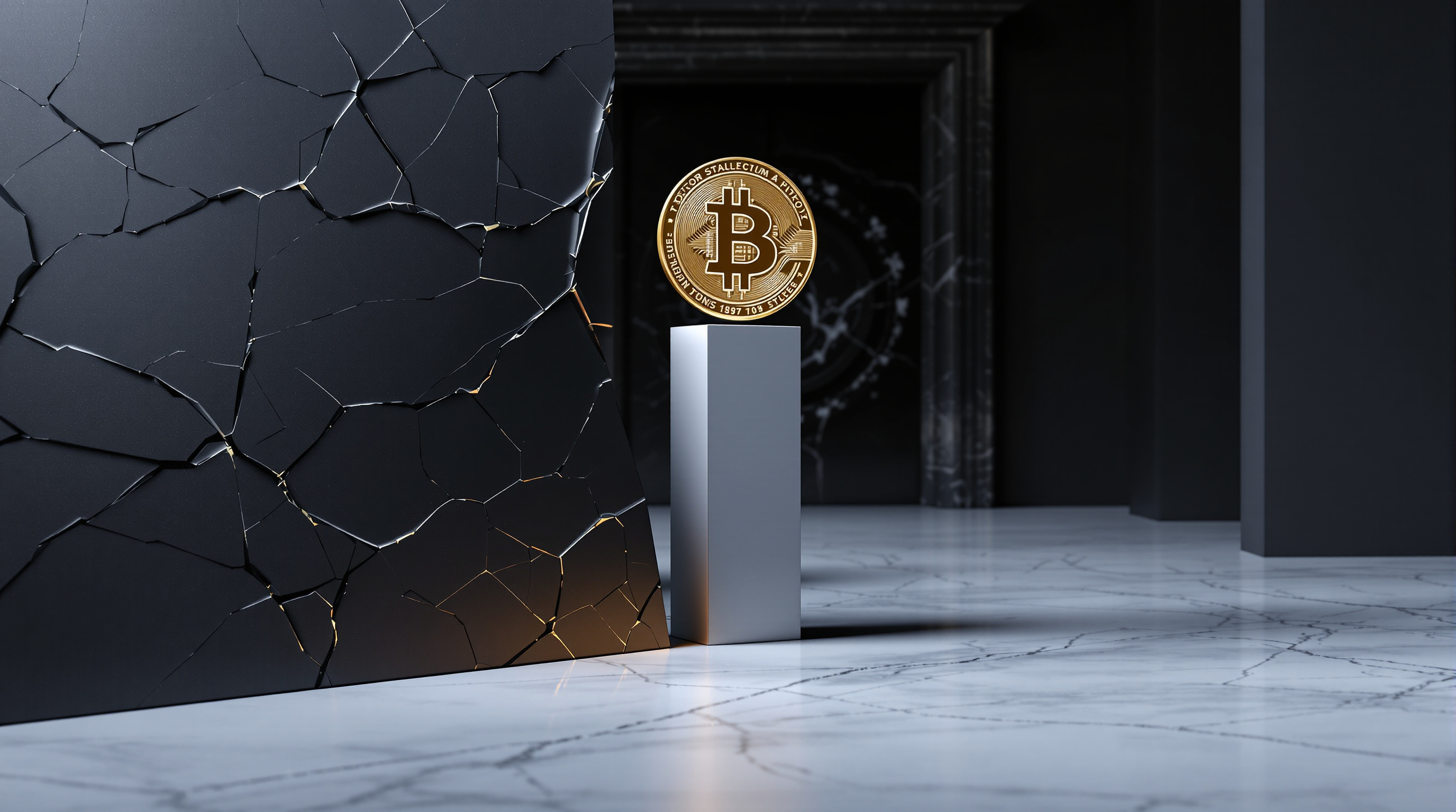 an abstract sculptural 3D market scene: a cracked matte-black market plane (symbolizing falling equities) paired with a rising polished gold Bitcoin d — editorial cover artwork for the Knightron story on Tech Selloff Drags Equities As Bessent Unveils Iran Sanction