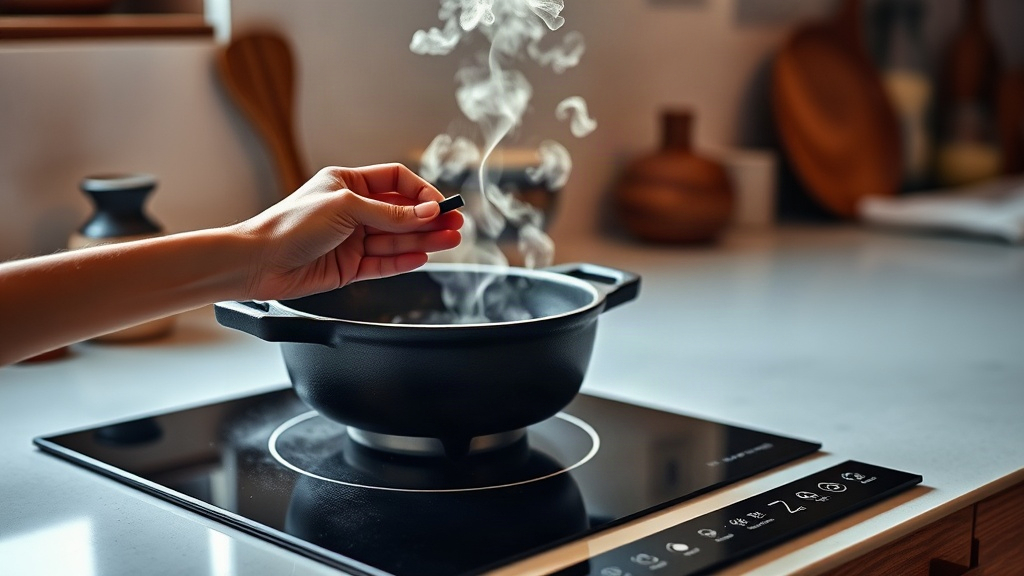 Tetsubin en fonte posé sur plaque induction avec aimant accroché au fond pour tester la compatibilité
