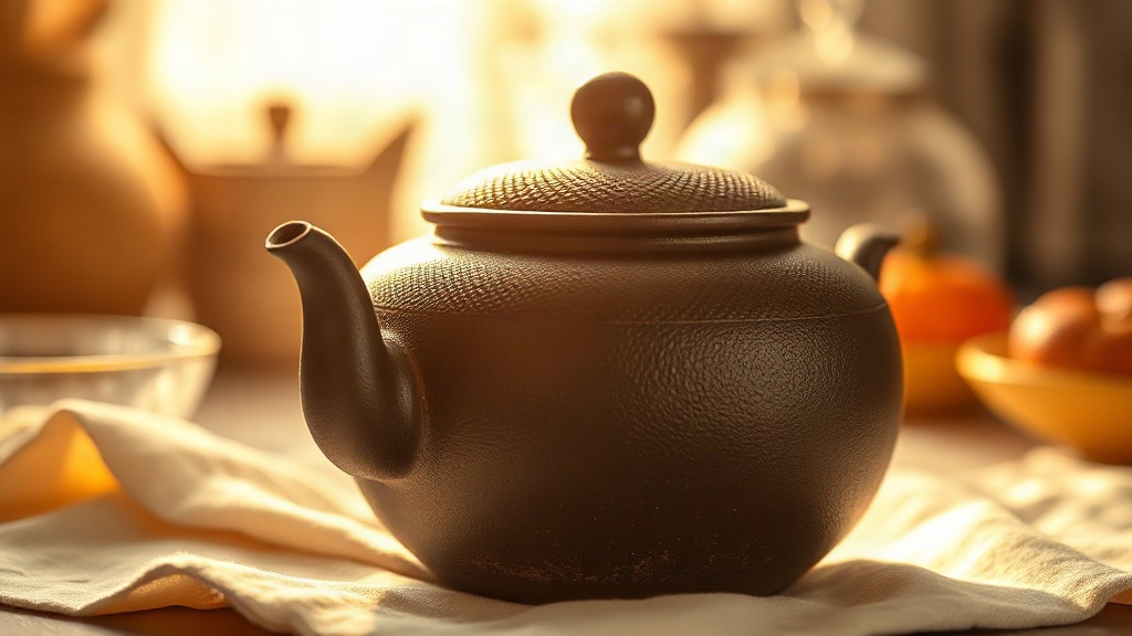 Théière en fonte japonaise tetsubin sur un tissu de lin, vapeur s'échappant du bec verseur