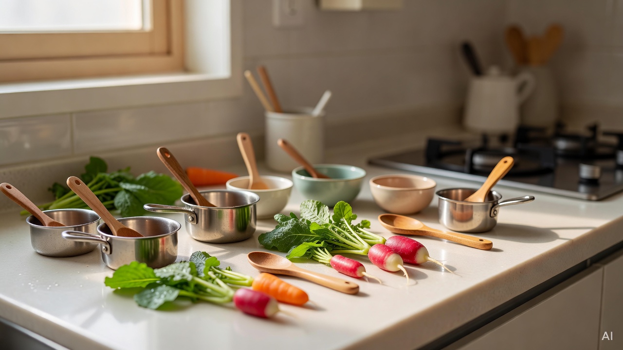 child-sized kitchen utensils and small vegetables on a light-colored countertop