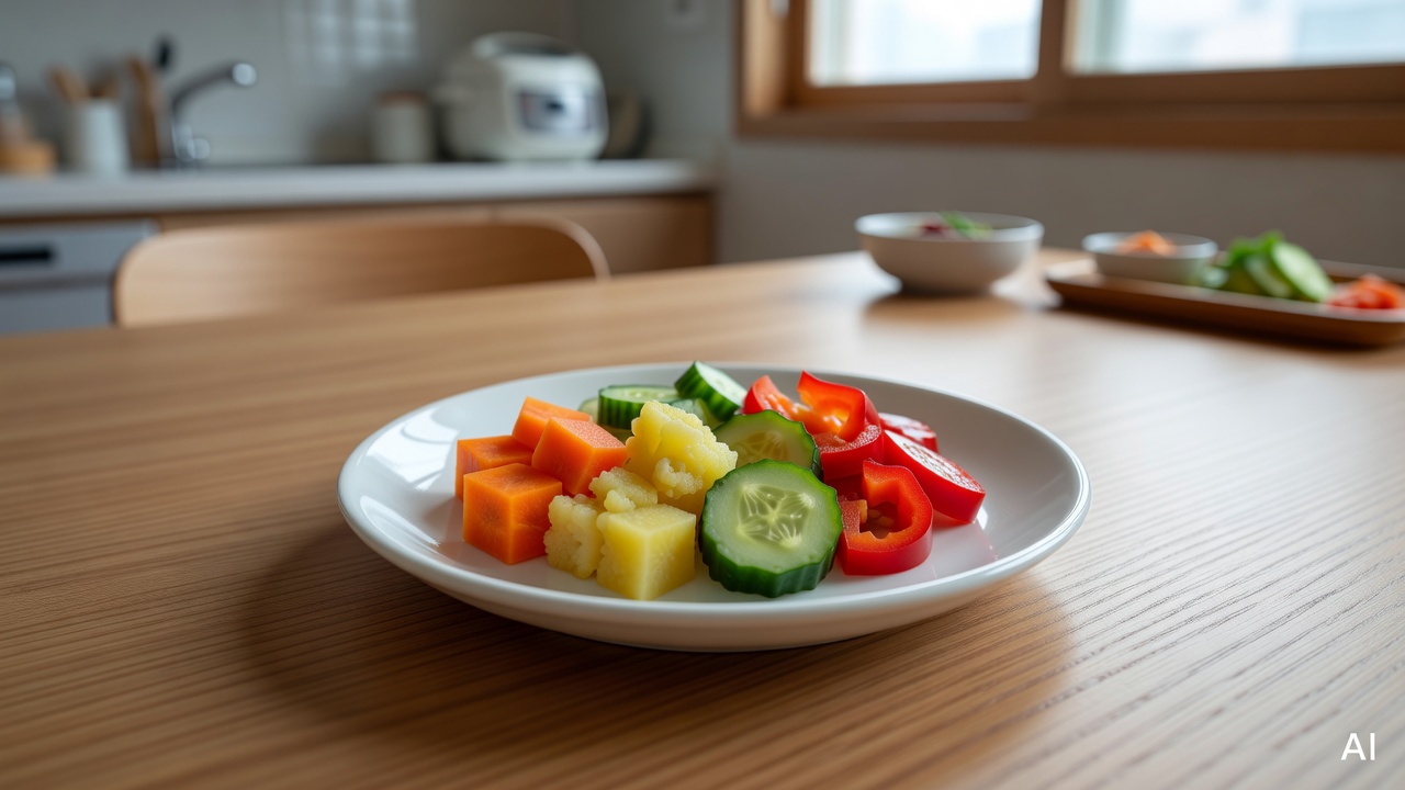 colorful small portions of vegetables arranged on a child's plate on a wooden dining table