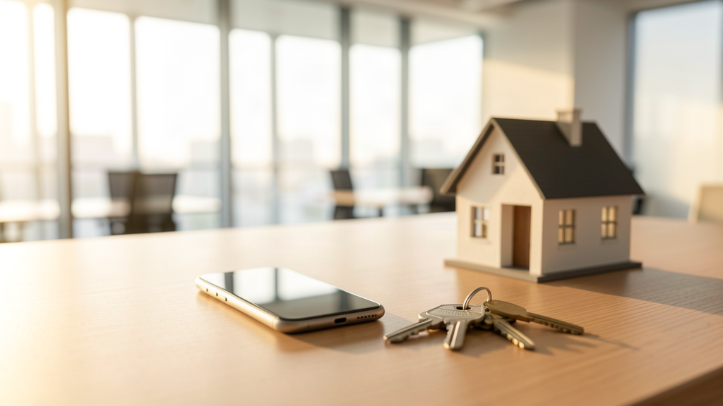 A real estate brokerage office desk with a small model house, house keys, and a smartphone lying on the desk, a bright modern office through the window in the background, conveying the buyer and seller inquiries that arrive when an agent is busy or after hours, no text