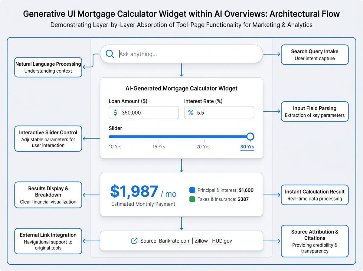 Architecture diagram of generative UI AI Overviews mortgage calculator widget components