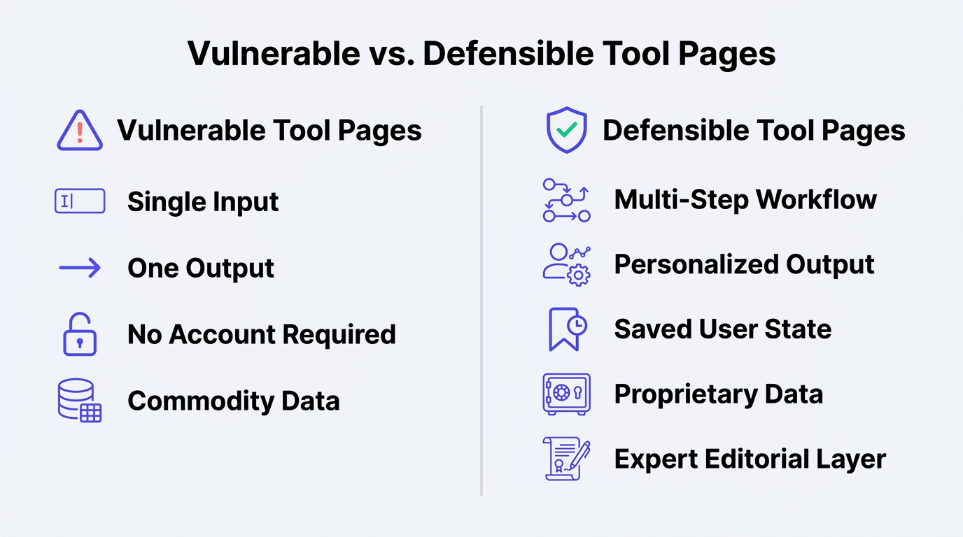 Infographic comparing vulnerable vs defensible tool pages for generative UI AI Overviews