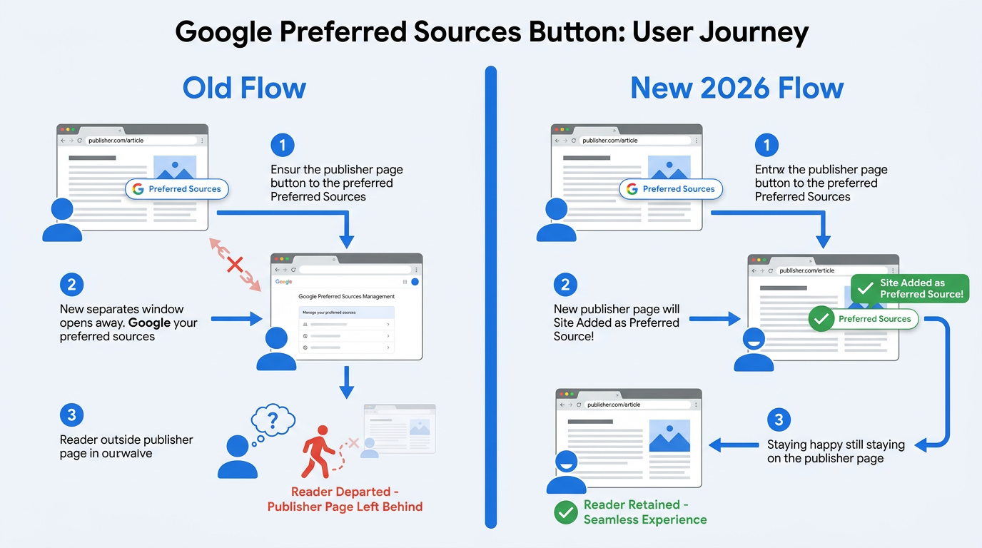 Comparison infographic of old vs new Google Preferred Sources button user flow