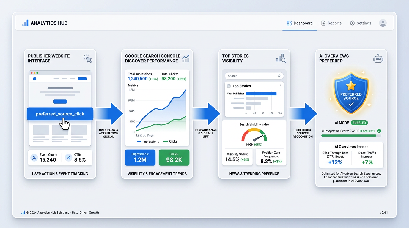 Flowchart diagram showing Google Preferred Sources button click data flowing into Discover, Top Stories, and AI Overviews metrics