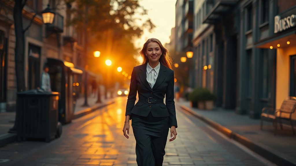 Woman walking confidently in an elegant evening outfit during golden hour on an autumn city street, warm cinematic light