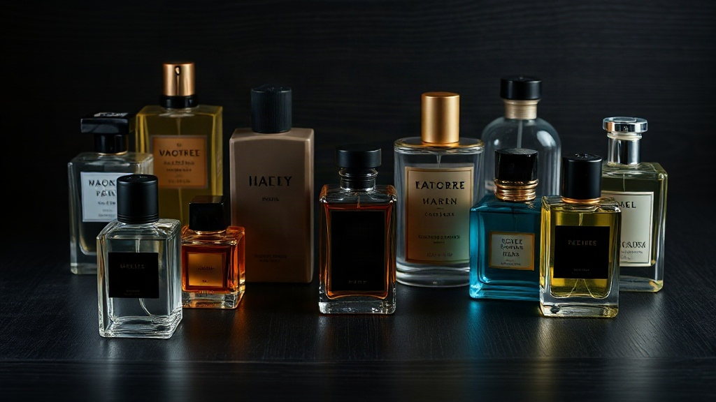 A collection of elegant men's perfume bottles arranged on a dark wooden surface with soft studio lighting, no text