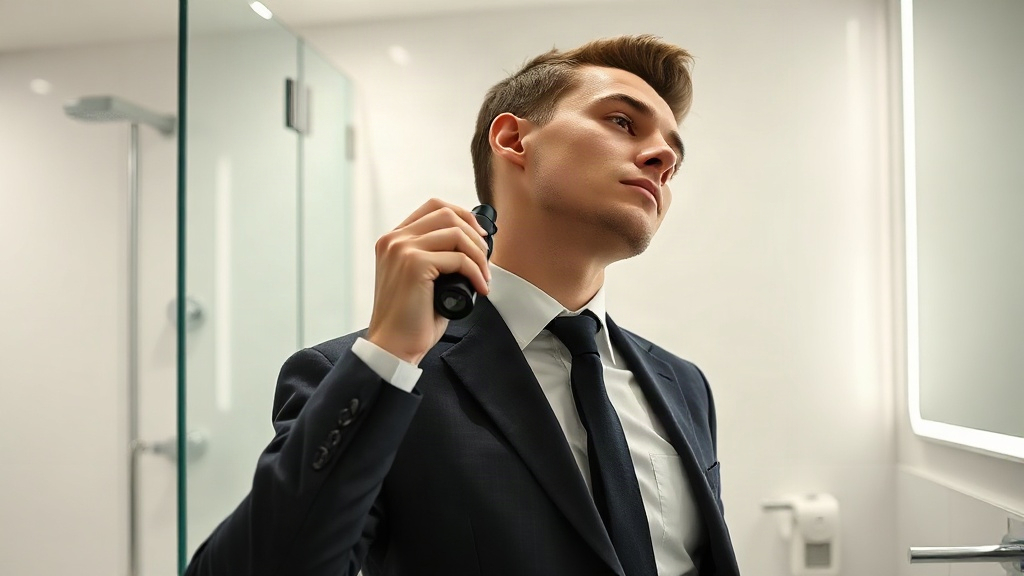 A young professional man in a suit spraying cologne on his neck in a bright modern bathroom, no text