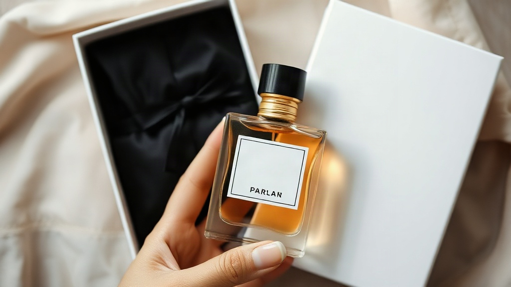 Close-up of a hand holding a perfume bottle next to an open gift box with elegant packaging, no text
