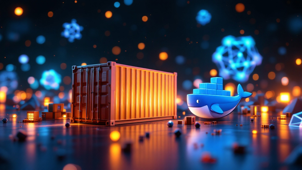 Futuristic Docker container technology visualization for self-hosting trends in 2026