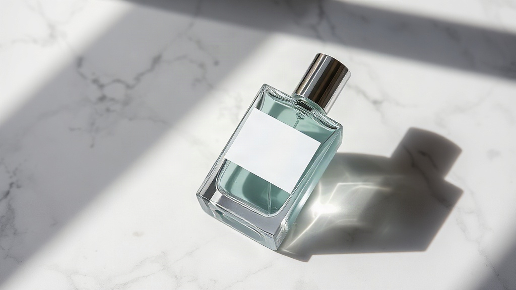 Close-up product photography of a men's cologne bottle on a marble surface with soft shadows