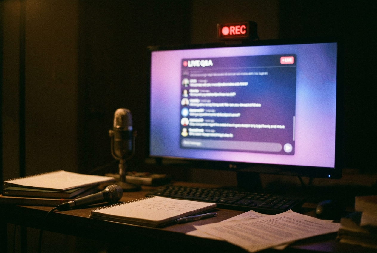 A livestream Q&A session on a monitor screen showing angry chat messages scrolling rapidly, with a Twitch logo visible. The room is dark except for the screen's glow and a red recording light. Papers and a microphone are scattered on the desk.