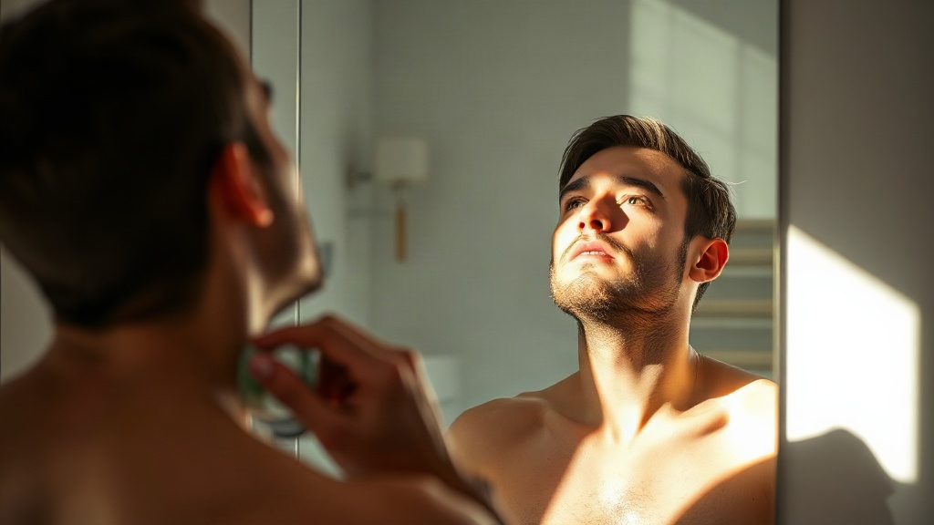 A man applying cologne to his neck in front of a mirror, natural morning light, lifestyle photography