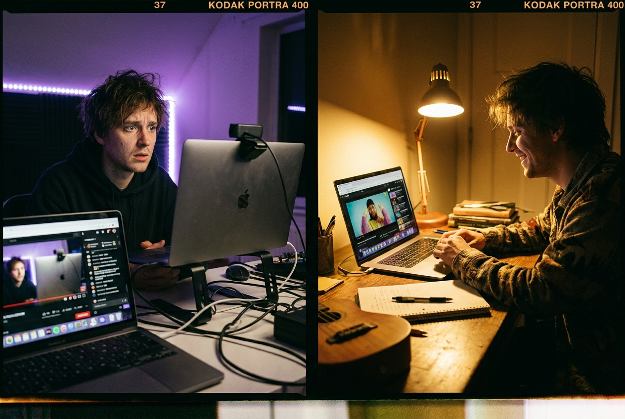 A split-screen composition showing two contrasting scenes. On the left, a musician performing live on a Twitch stream with purple lighting, looking vulnerable and exposed. On the right, the same musician confidently reviewing their finished music video on a laptop screen, surrounded by creative assets they own. Warm golden lighting on the right side contrasts with the cold purple on the left.