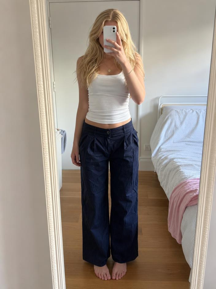 Navy Pleated Tailored Trousers – High Waist, Very Good