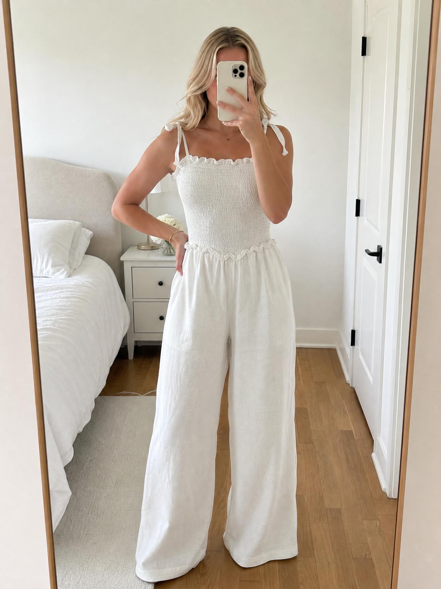 White Smocked Wide-Leg Jumpsuit with Tie Straps – Very Good